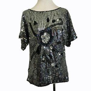 Vintage Laurence Kazar Sequined Top Black Silk